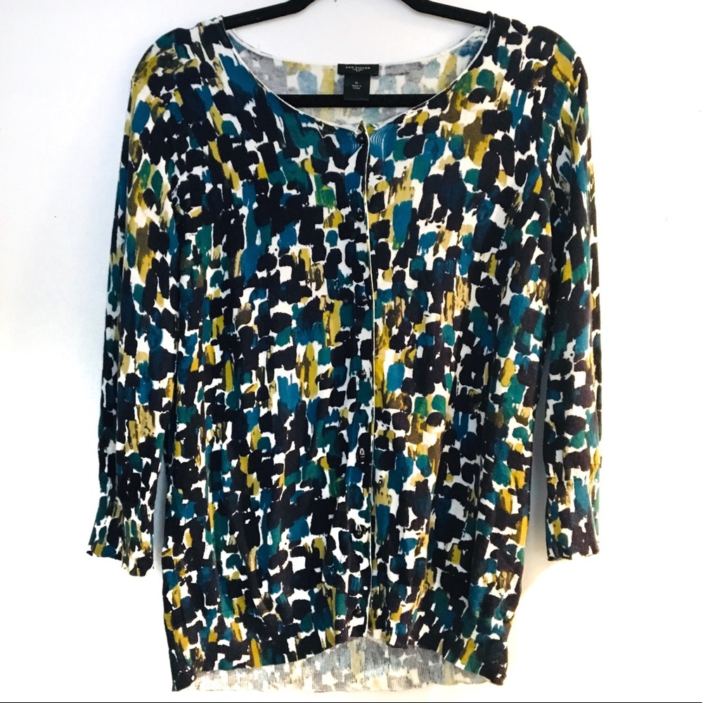 Ann Taylor | Blue + Green Abstract Print Cardigan